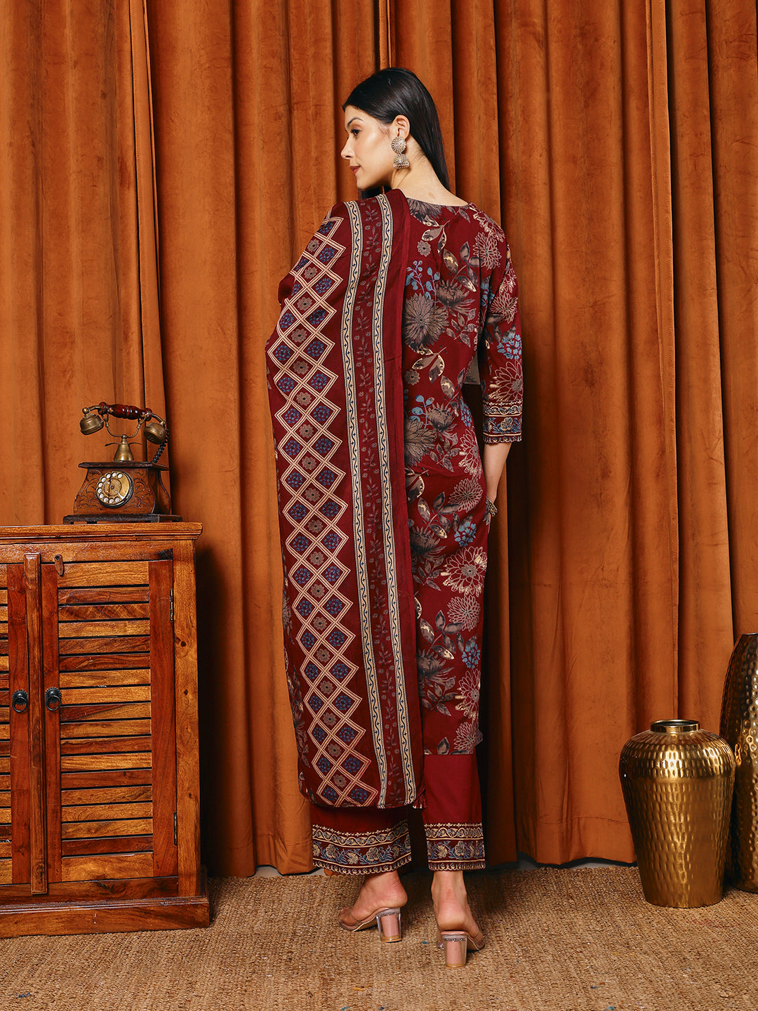 Printed Cotton Blend Kurta With Pants & Dupatta