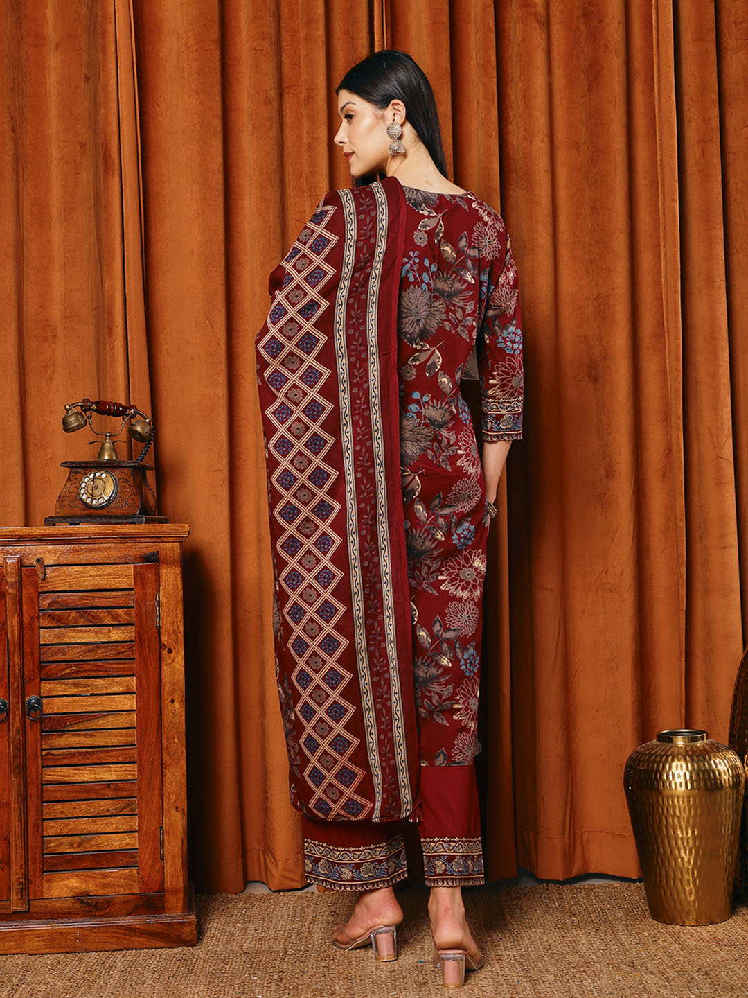 Printed Cotton Blend Kurta With Pants &amp; Dupatta