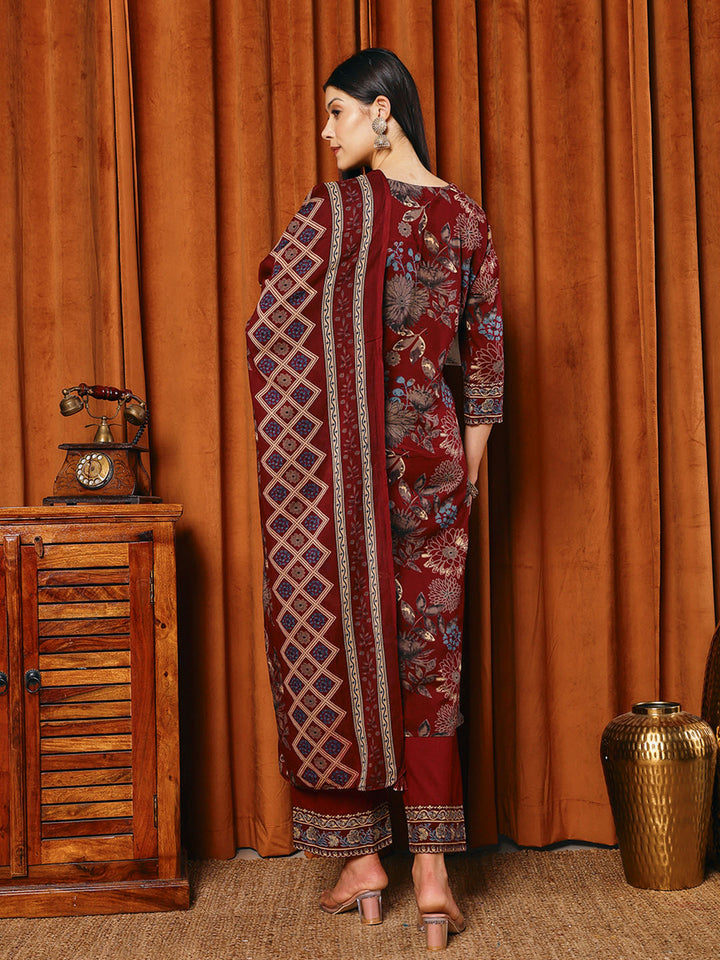 Printed Cotton Blend Kurta With Pants &amp; Dupatta