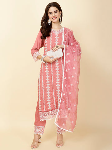 Resham Embroidery Cotton Suit Set With Dupatta