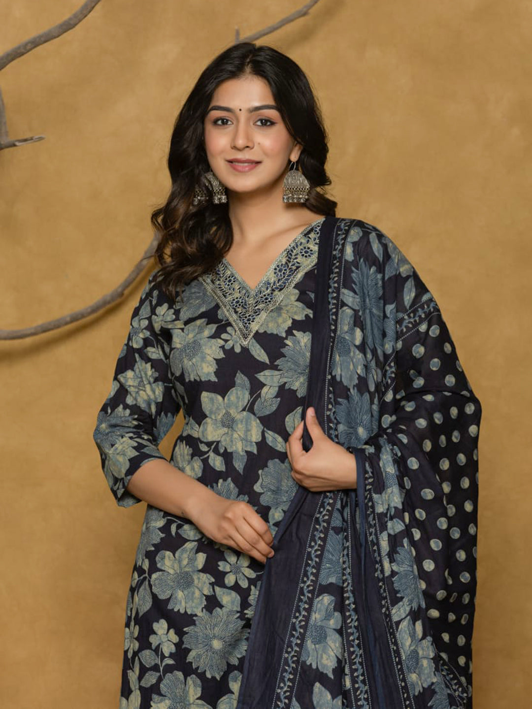 Printed Cotton Blend Kurta With Pants & Dupatta