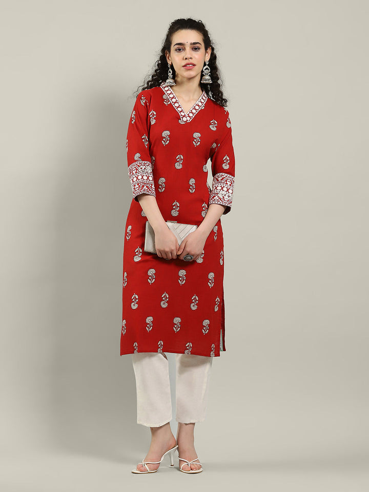 Printed Neck Embroidered Cotton Blend Kurta