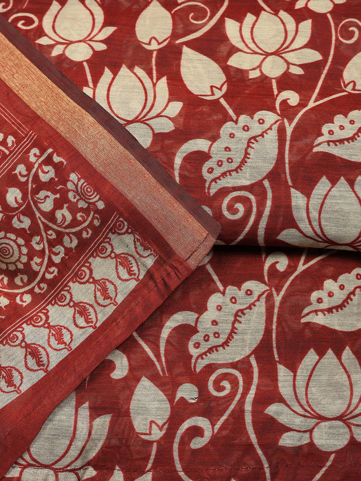 Printed Chanderi Unstitched Suit With Pant &amp; Dupatta