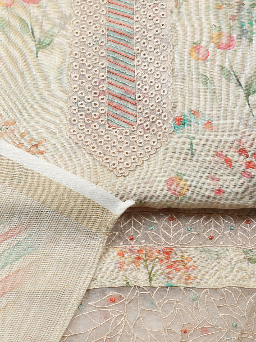 Printed Linen Blend Unstitched Suit With Pant &amp; Dupatta