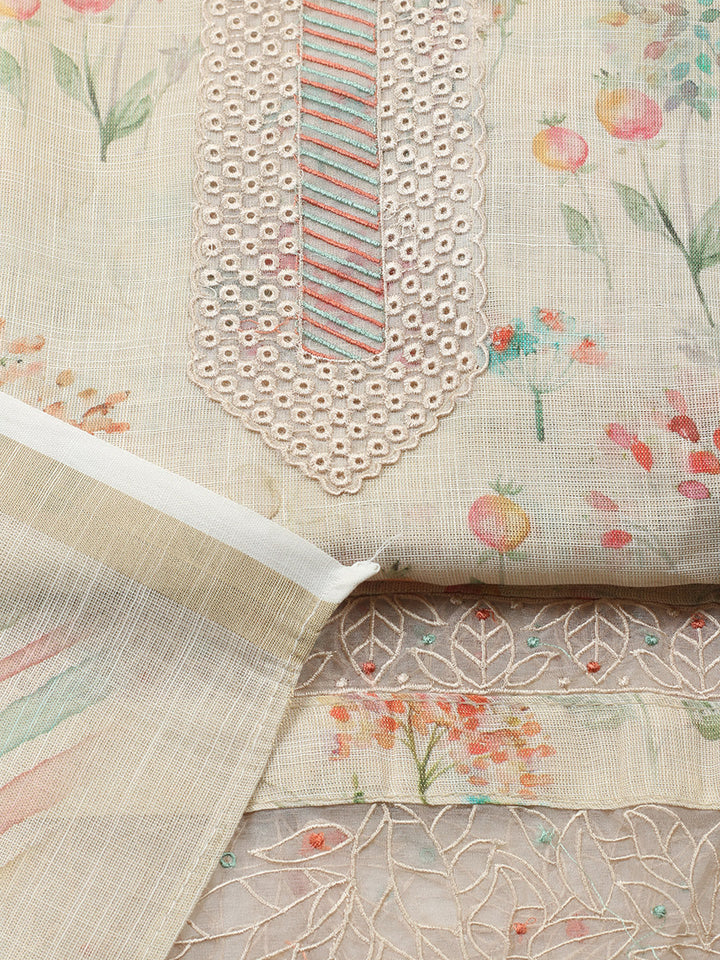 Printed Linen Blend Unstitched Suit With Pant &amp; Dupatta