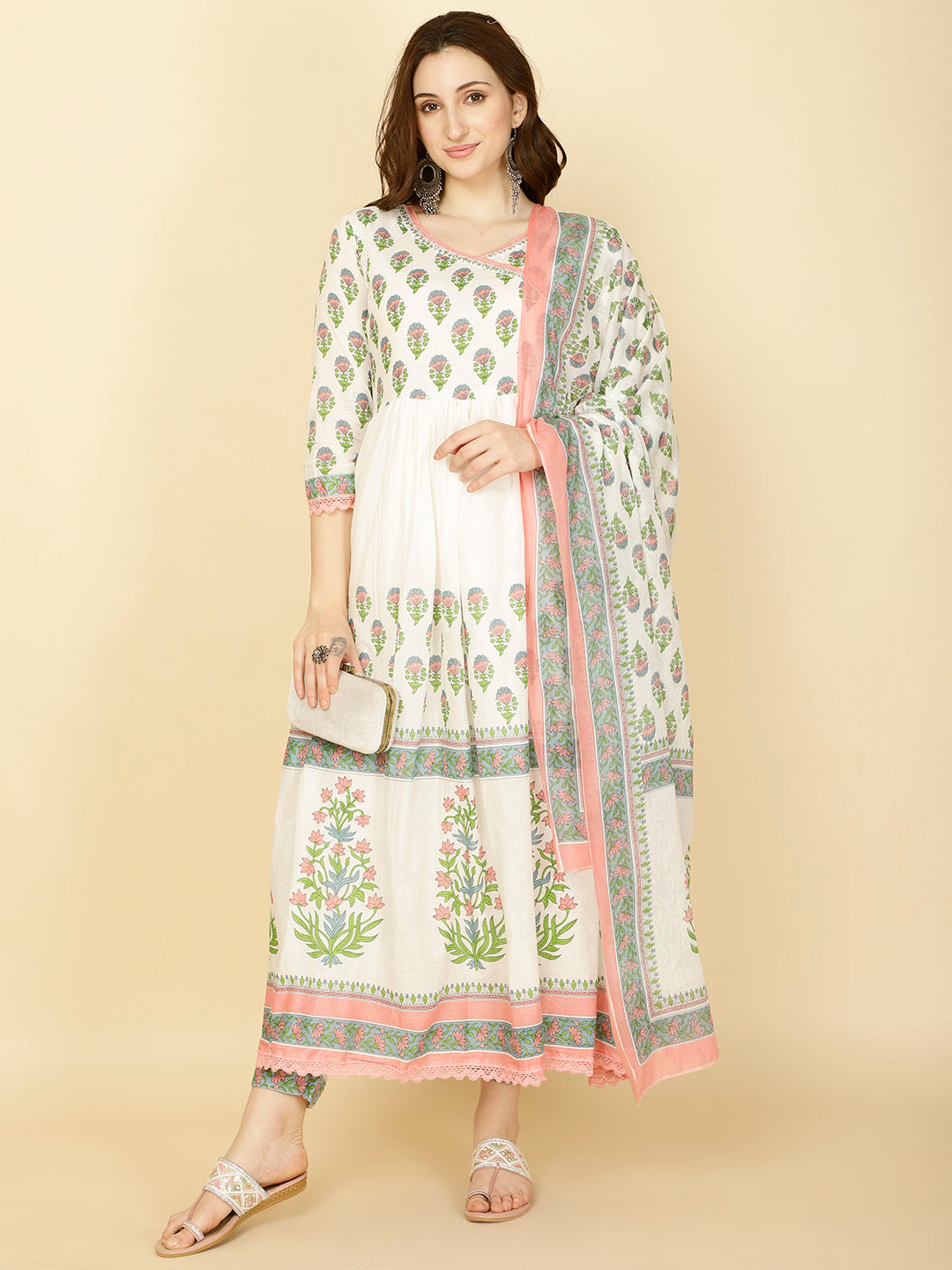 Floral Printed Cotton Kurta With Pants & Dupatta