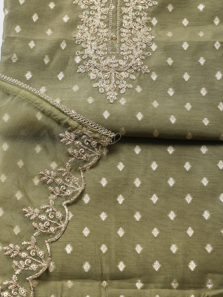 Embroidered Chanderi Unstitched Suit With Pant &amp; Dupatta