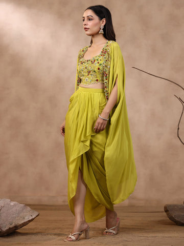 Thread Embroidered Crepe Choli With Pleated Skirt