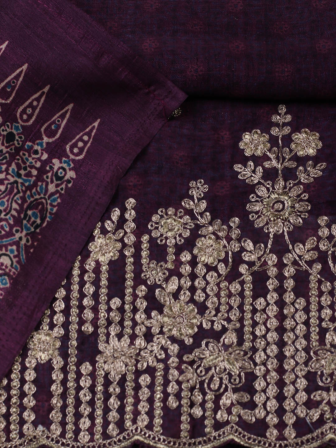 Embroidered Tussar Unstitched Suit With Pant &amp; Dupatta