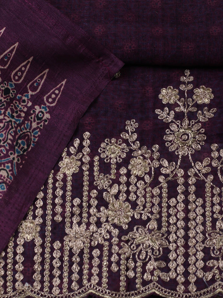 Embroidered Tussar Unstitched Suit With Pant &amp; Dupatta
