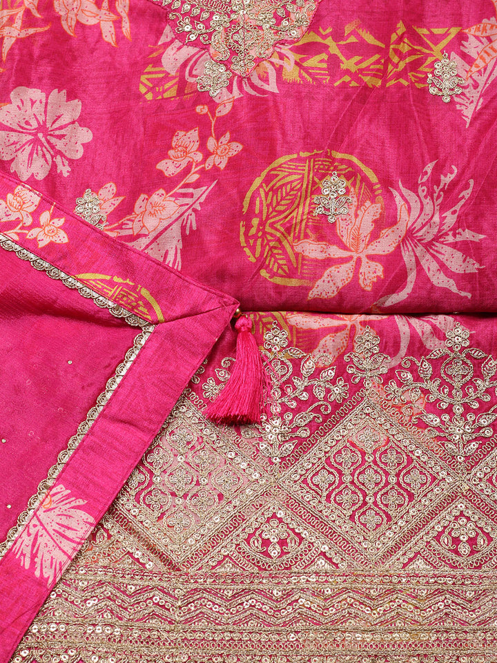 Embroidered Chinon Unstitched Suit With Pant &amp; Dupatta