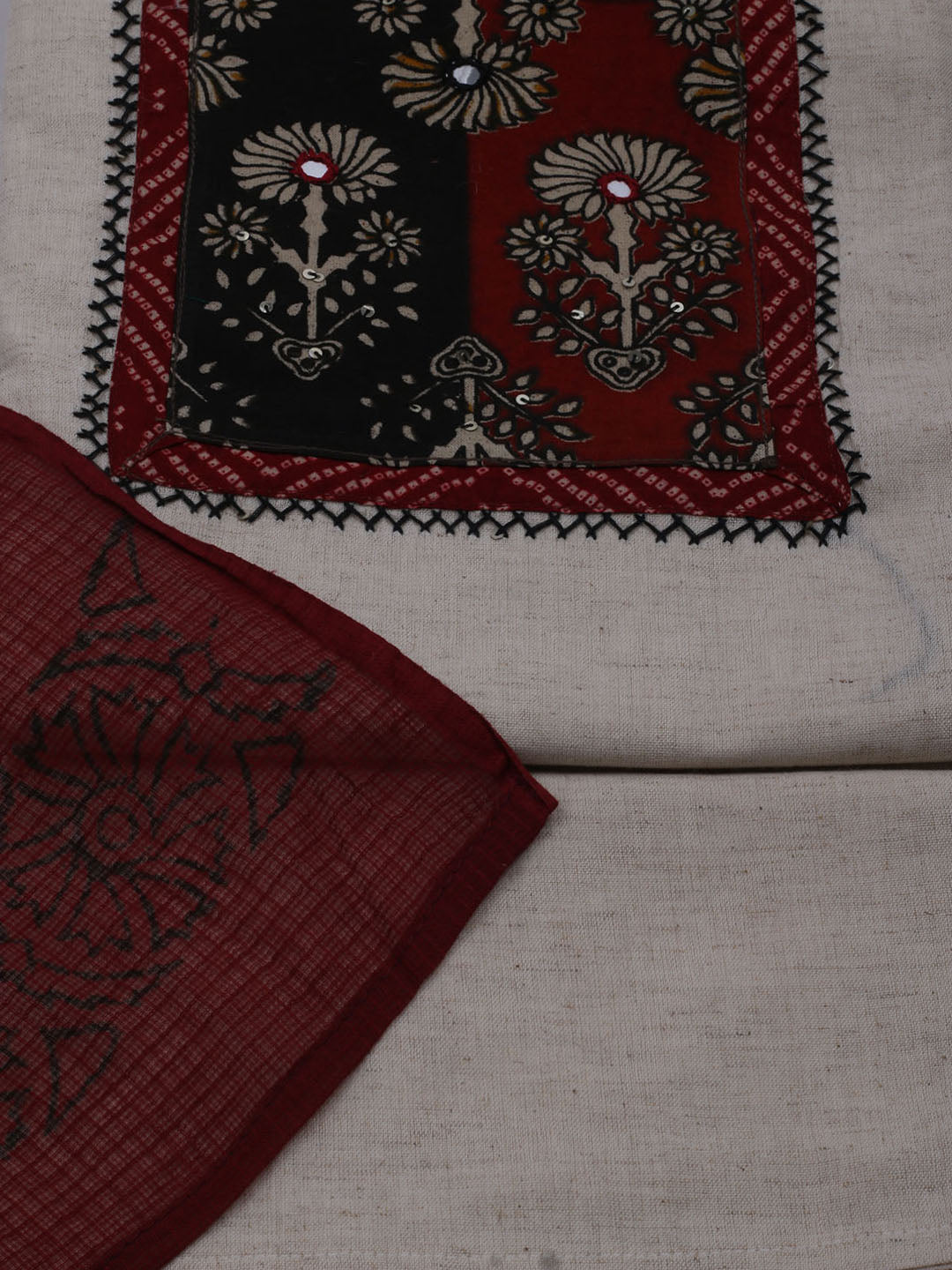 Patch Neck Cotton Blend Unstitched Suit With Dupatta