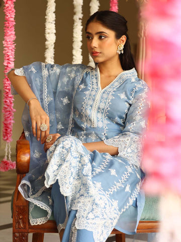 Embroidered Organza Kurta With Pants & Dupatta