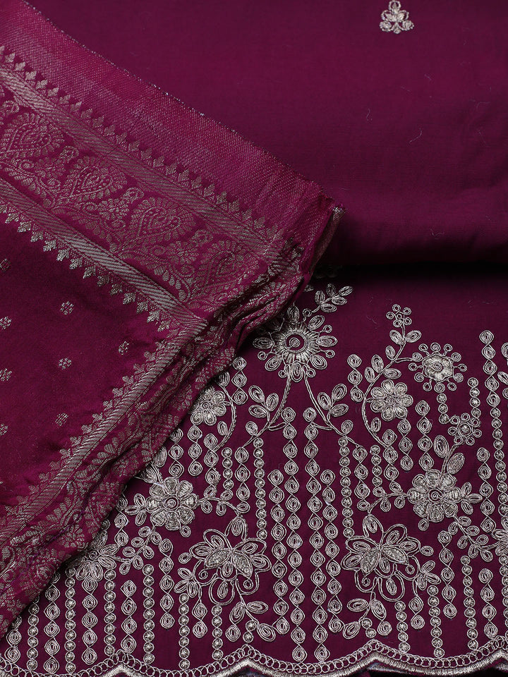 Embroidered Chanderi Unstitched Suit With Pant &amp; Dupatta