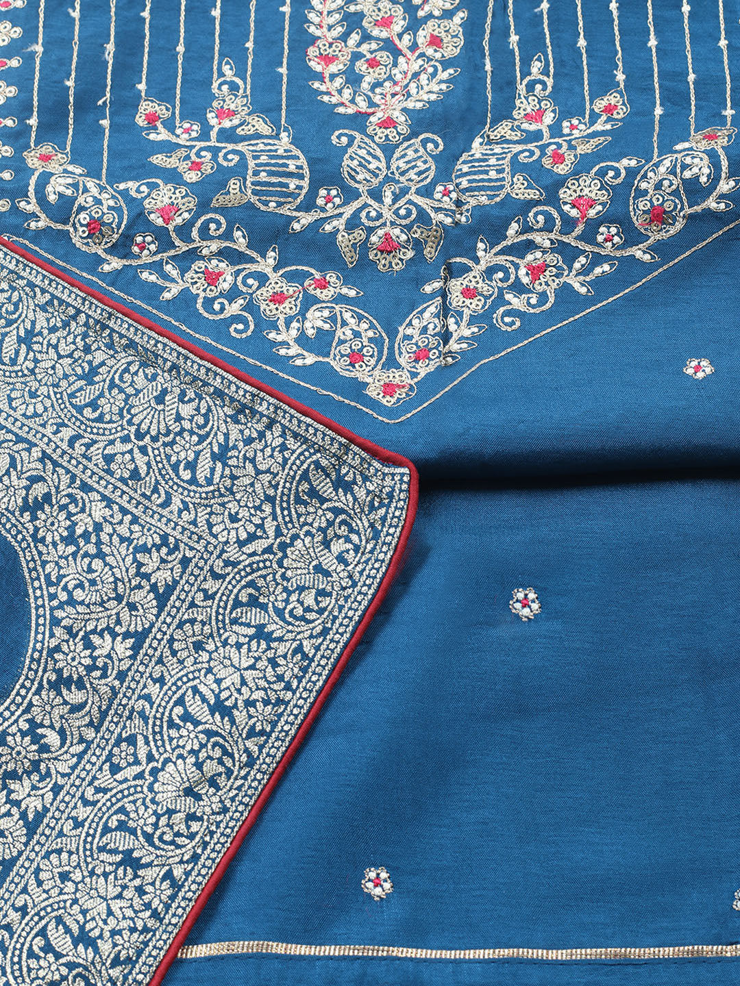 Embroidered Chanderi Unstitched Suit With Pant &amp; Dupatta