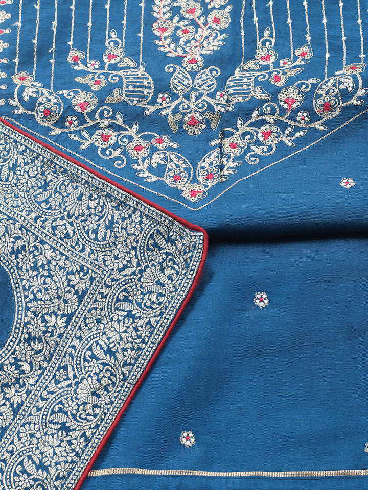Embroidered Chanderi Unstitched Suit With Pant &amp; Dupatta