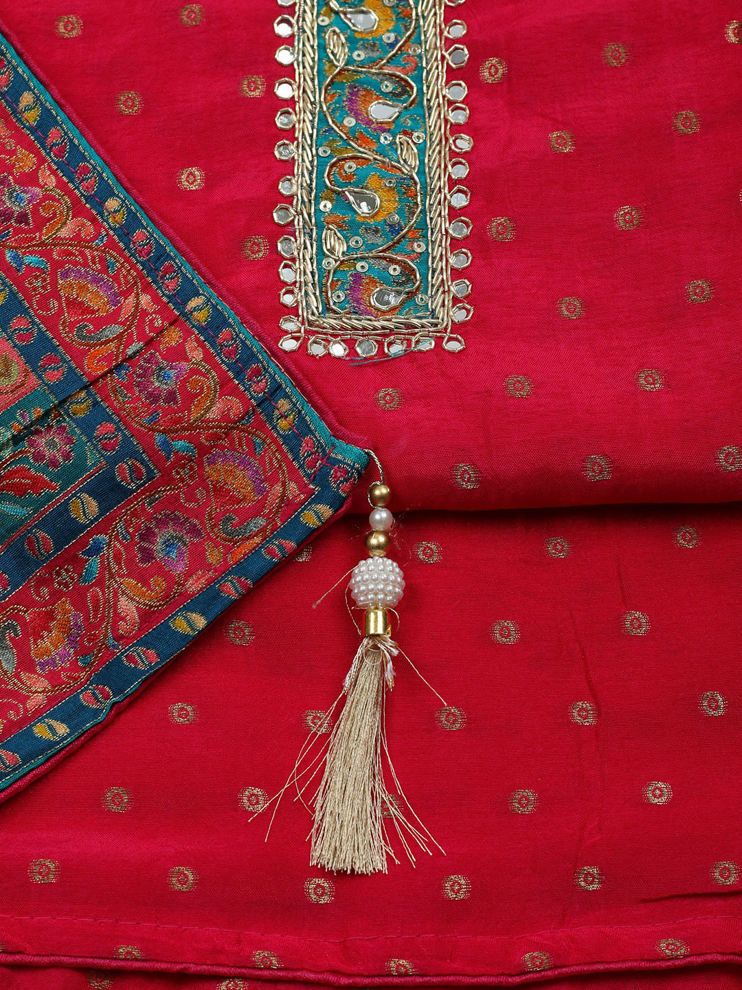 Embroidered Chanderi Unstitched Suit With Pant &amp; Dupatta