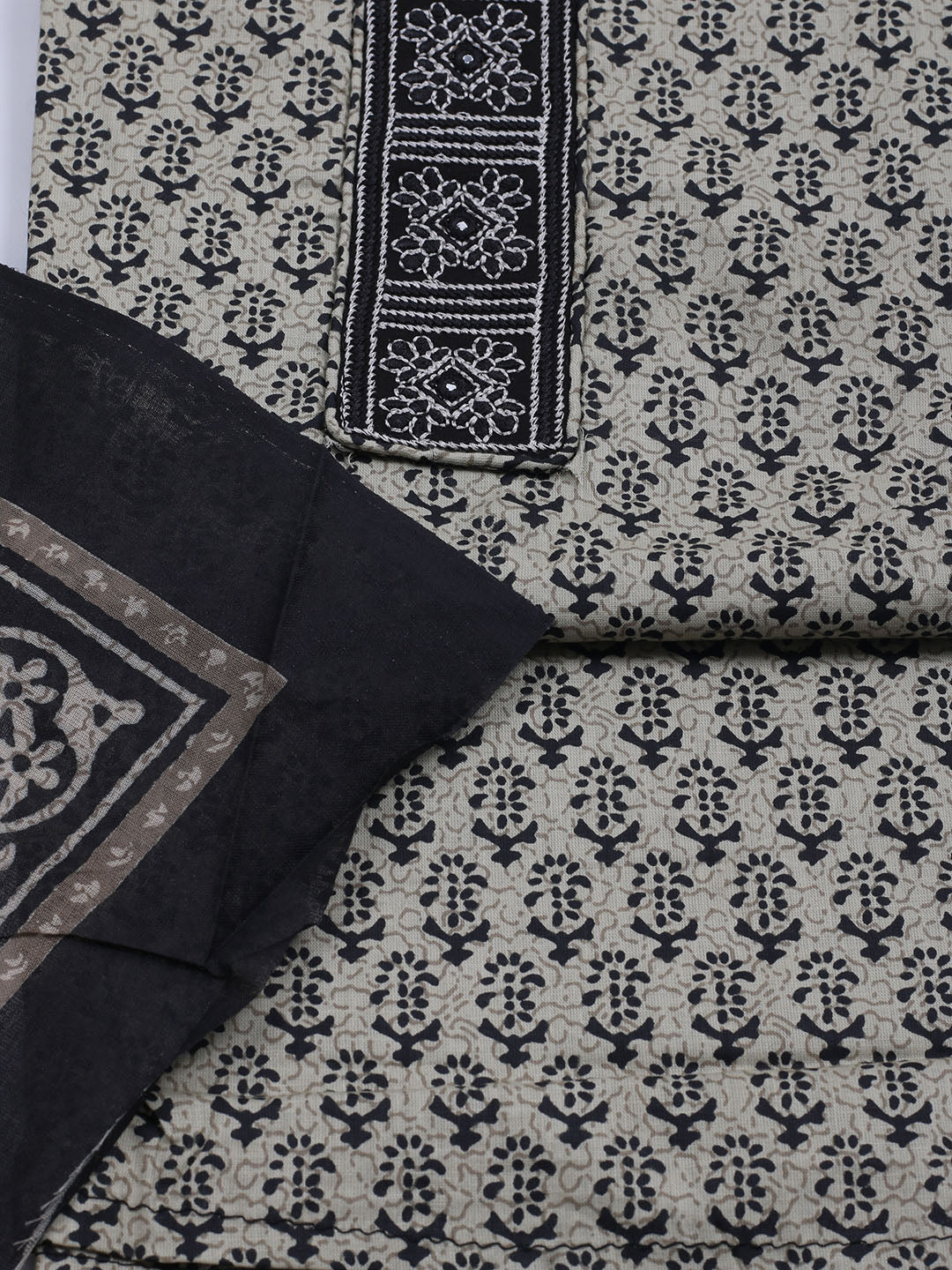 Patch Neck Cotton Blend Unstitched Suit With Dupatta