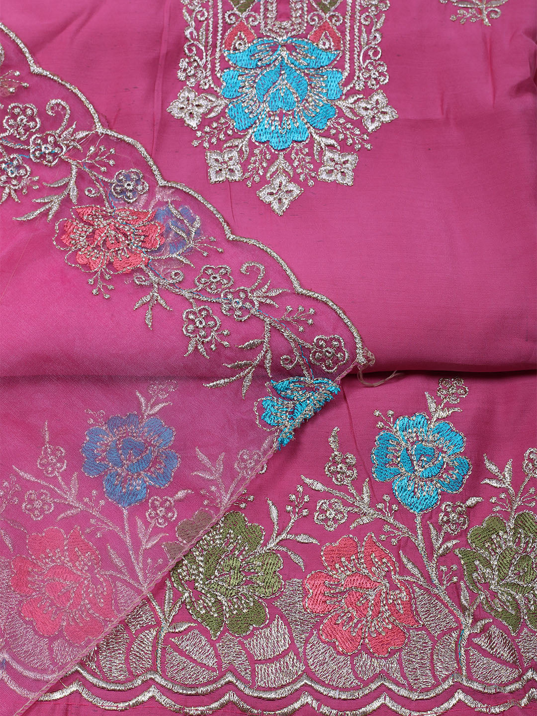 Embroidered Chanderi Unstitched Suit With Dupatta
