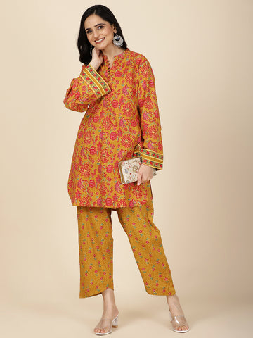 Floral Printed Cotton Kurti With Pants