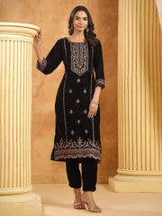 Neck Zari Embroidered Velvet Kurta With Pants & Dupatta