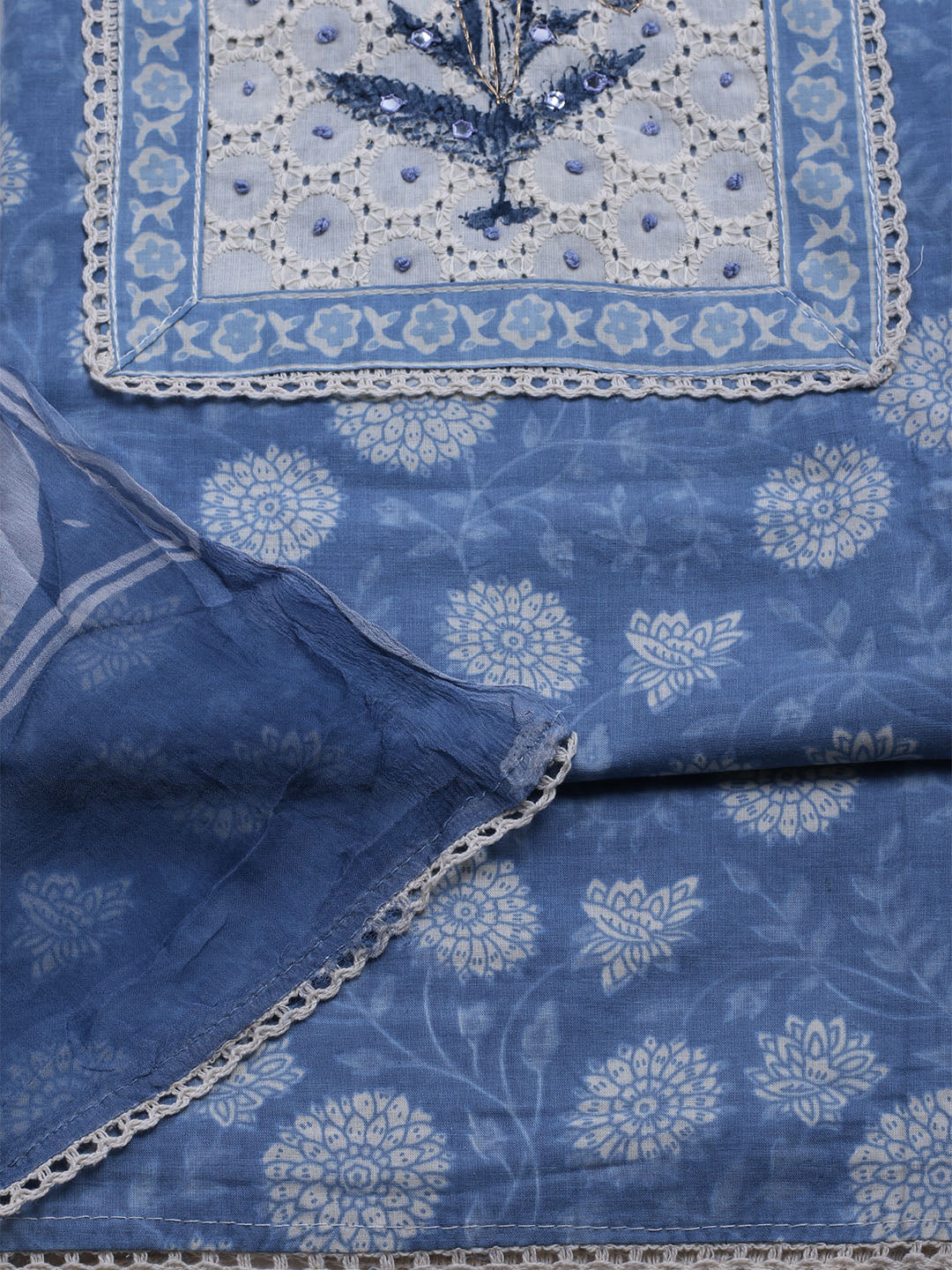 Printed Cotton Blend Unstitched Kurta With Pant &amp; Dupatta