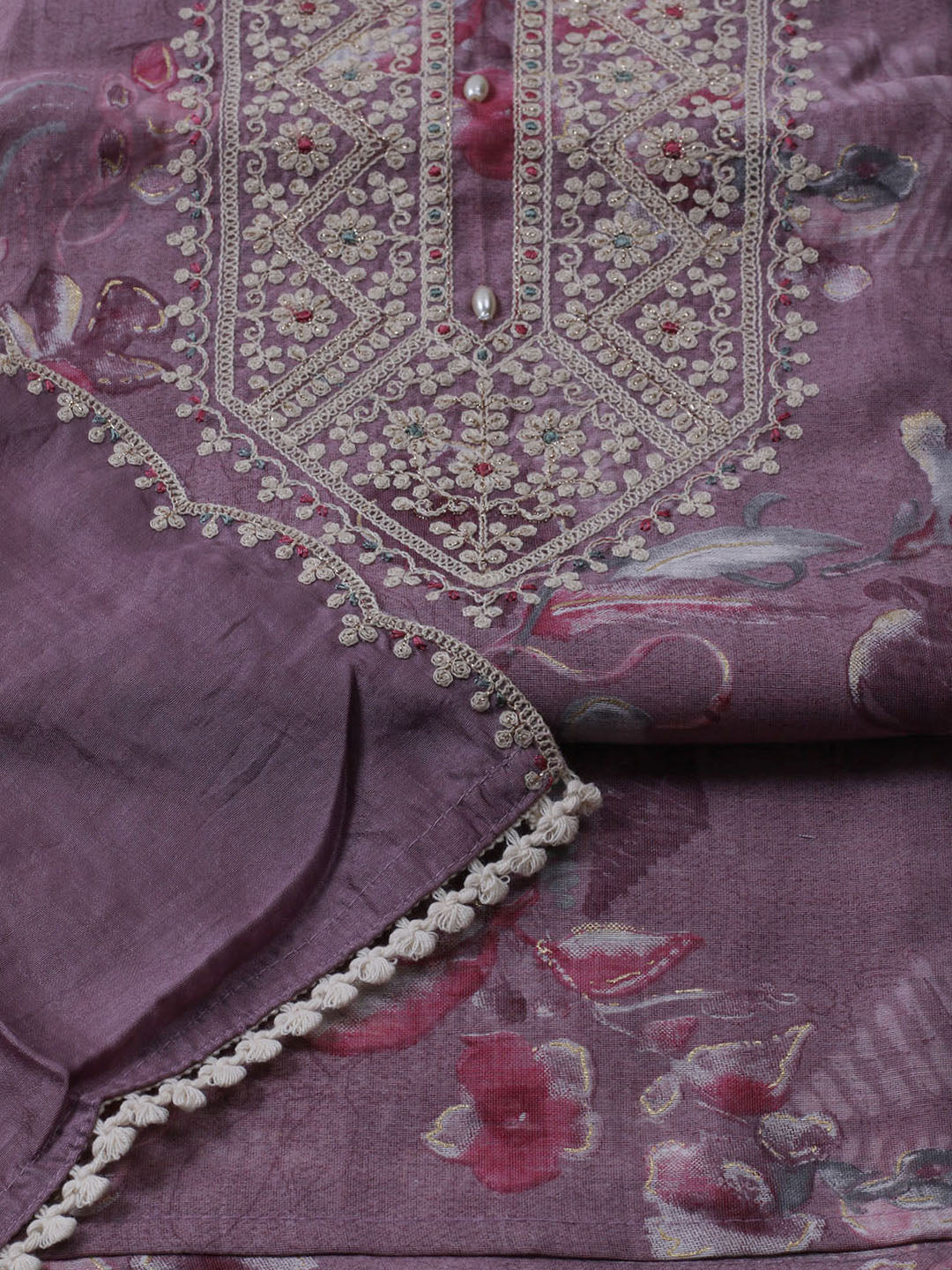 Neck Embroidered Chanderi Unstitched Suit With Dupatta
