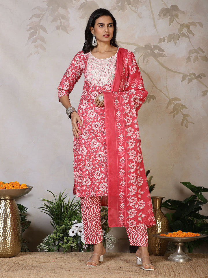 Printed Cotton Blend Kurta With Pants &amp; Dupatta