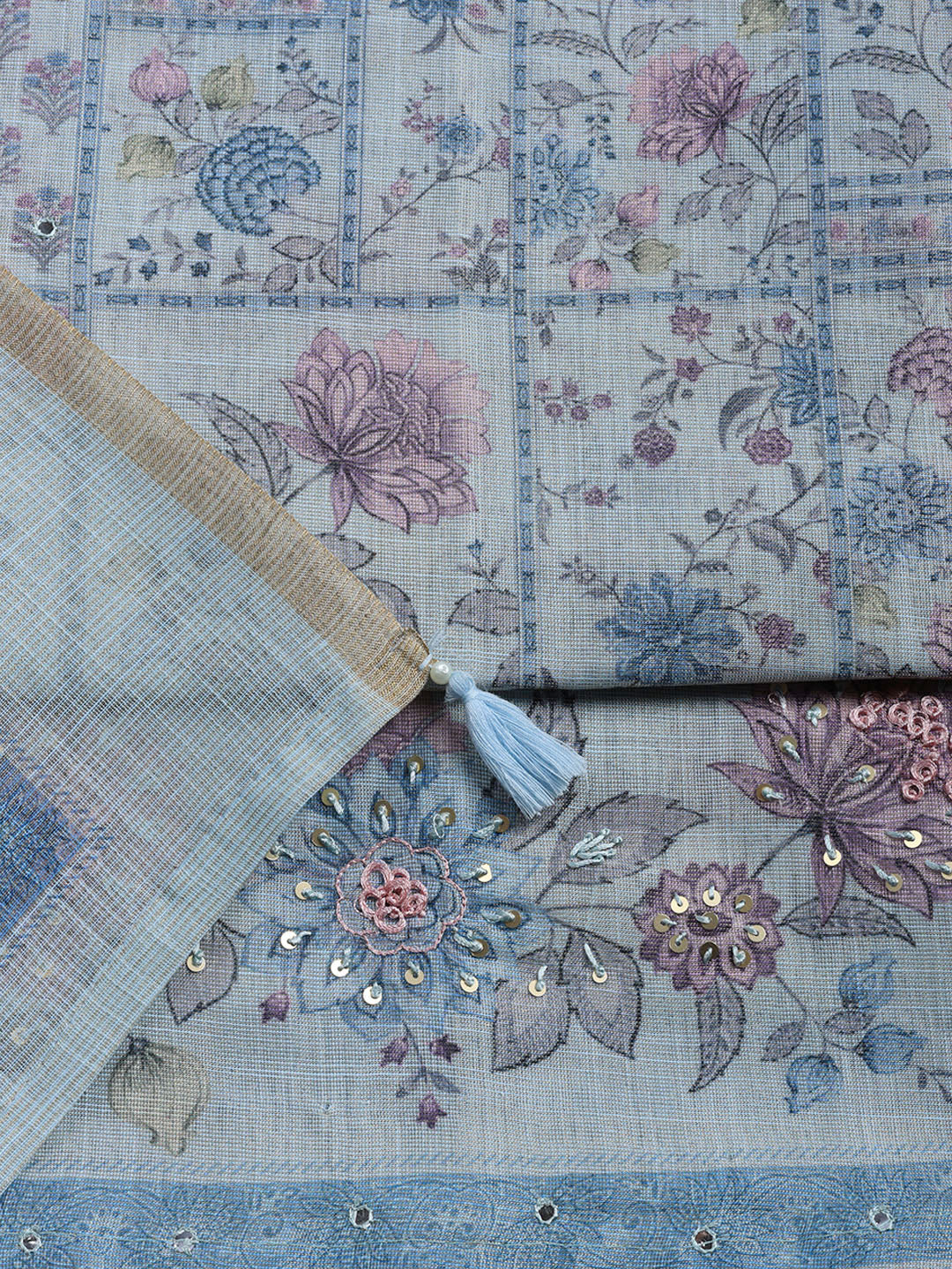 Printed Linen Blend Unstitched Suit With Pant &amp; Dupatta