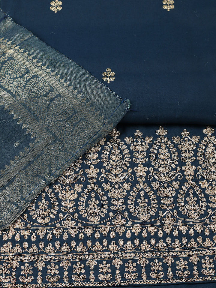 Embroidered Chanderi Unstitched Suit With Pant &amp; Dupatta