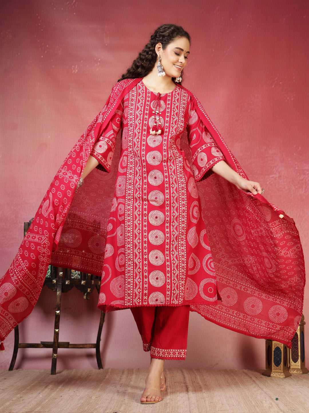 Printed Cotton Blend Kurta With Pants & Dupatta