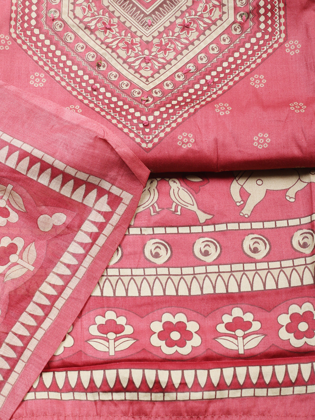 Printed Cotton Blend Unstitched Suit With Pant &amp; Dupatta