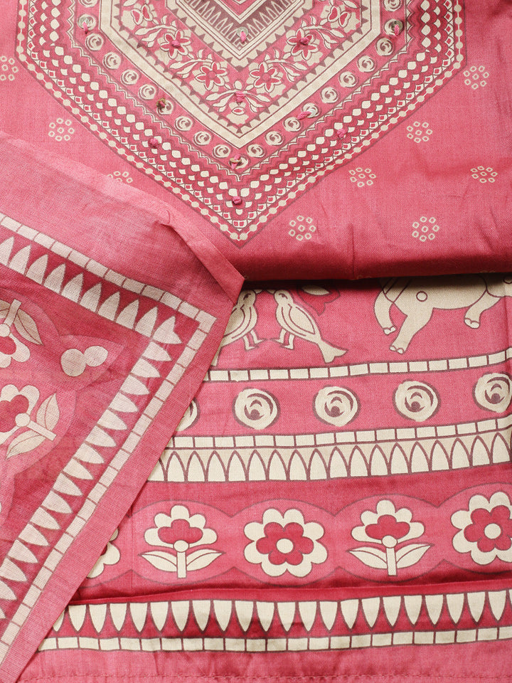 Printed Cotton Blend Unstitched Suit With Pant &amp; Dupatta