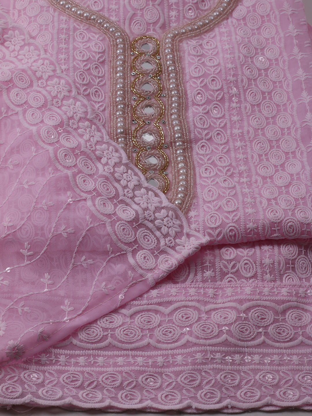 Chikan Work Georgette Unstitched Suit With Dupatta