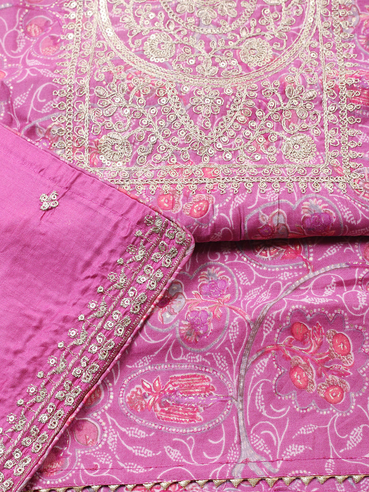 Printed Cotton Blend Unstitched Suit With Pant &amp; Dupatta