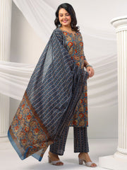 Printed Cotton Blend Kurta With Pants & Dupatta