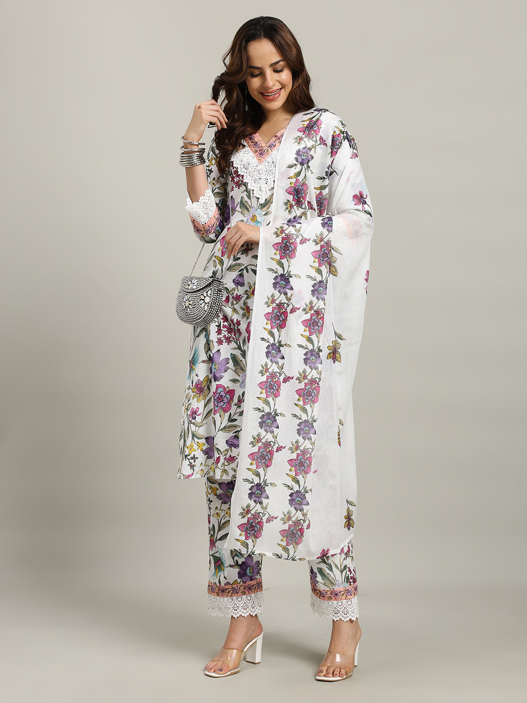 Floral Parinted Cotton Blend Kurta With Pants &amp; Dupatta