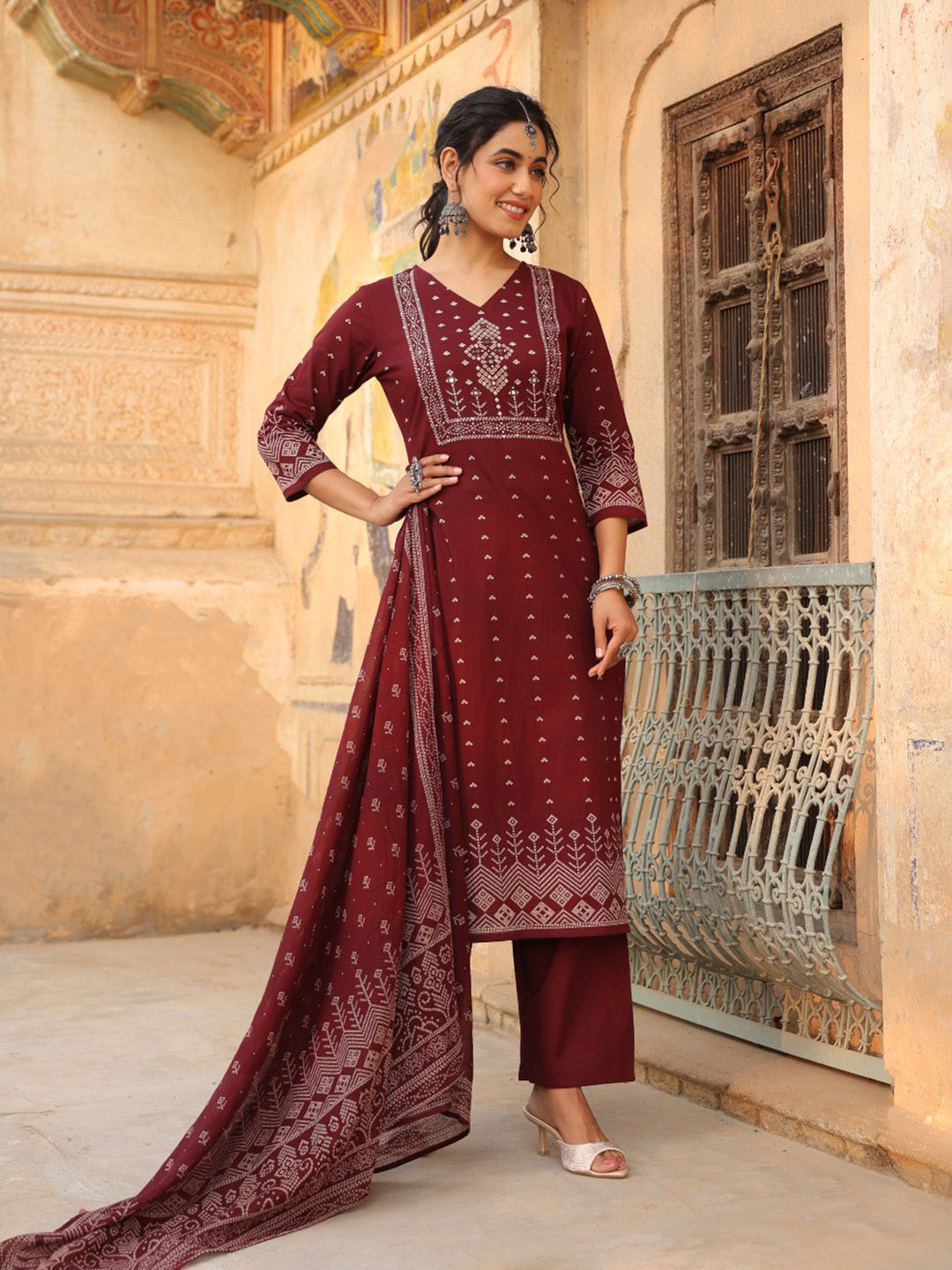 Wine Cotton Blend Printed Straight Suit Set