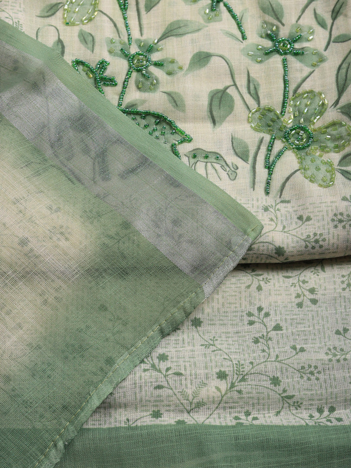 Printed Linen Blend Unstitched Suit With Pant &amp; Dupatta