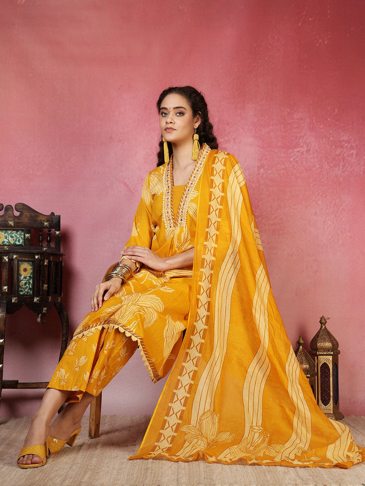 Printed Cotton Blend Kurta With Pant &amp; Dupatta