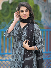 Printed Cotton Blend Kurta With Pants & Dupatta