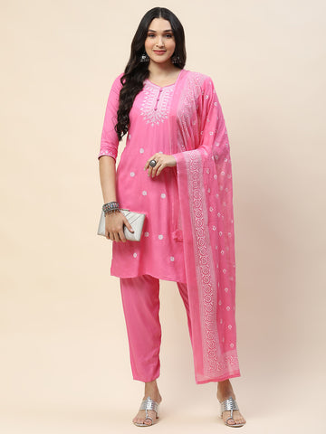 Neck Embroidery Cotton Kurta With Pants & Dupatta