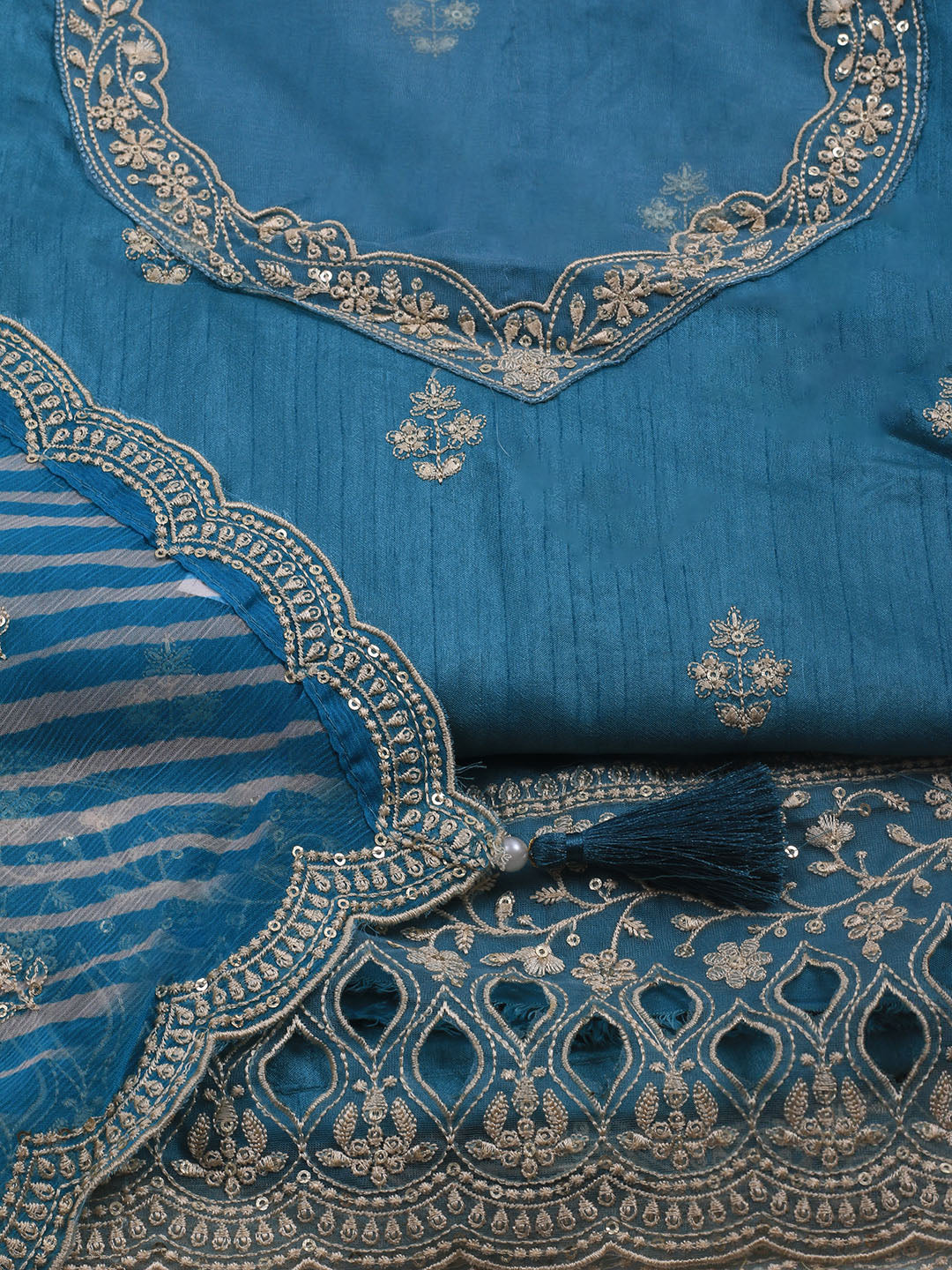 Embroidered Art Silk Unstitched Suit Piece With Dupatta