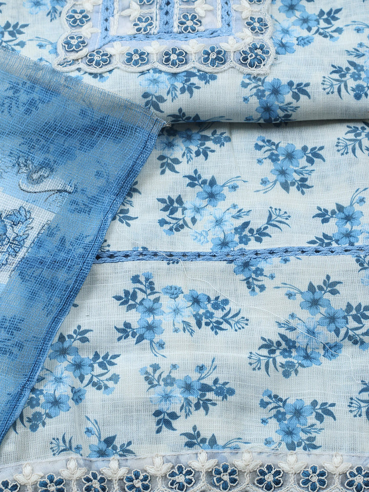 Printed Linen Blend Unstitched Suit With Pant &amp; Dupatta
