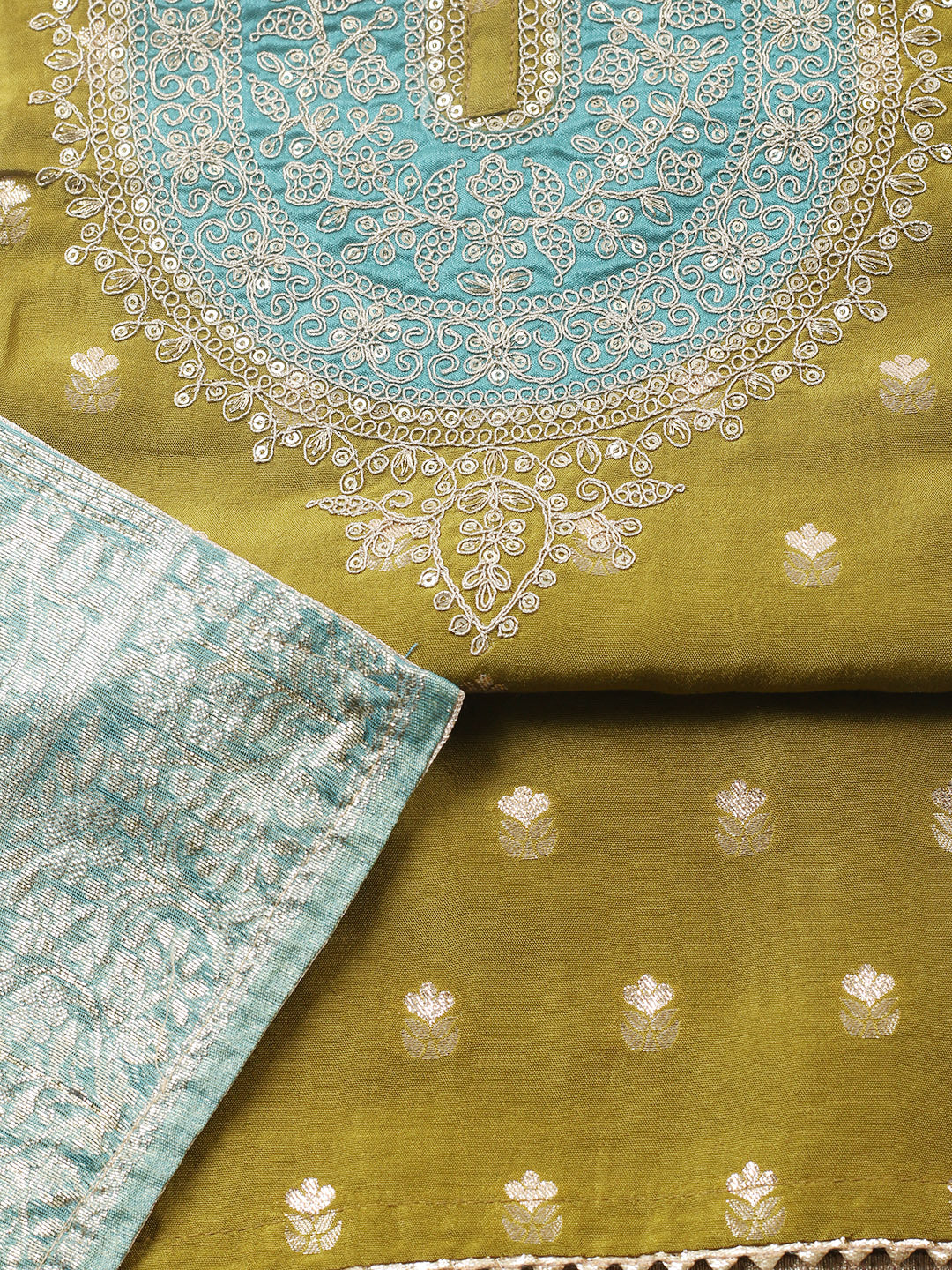 Embroidered Chanderi Unstitched Suit With Pant &amp; Dupatta