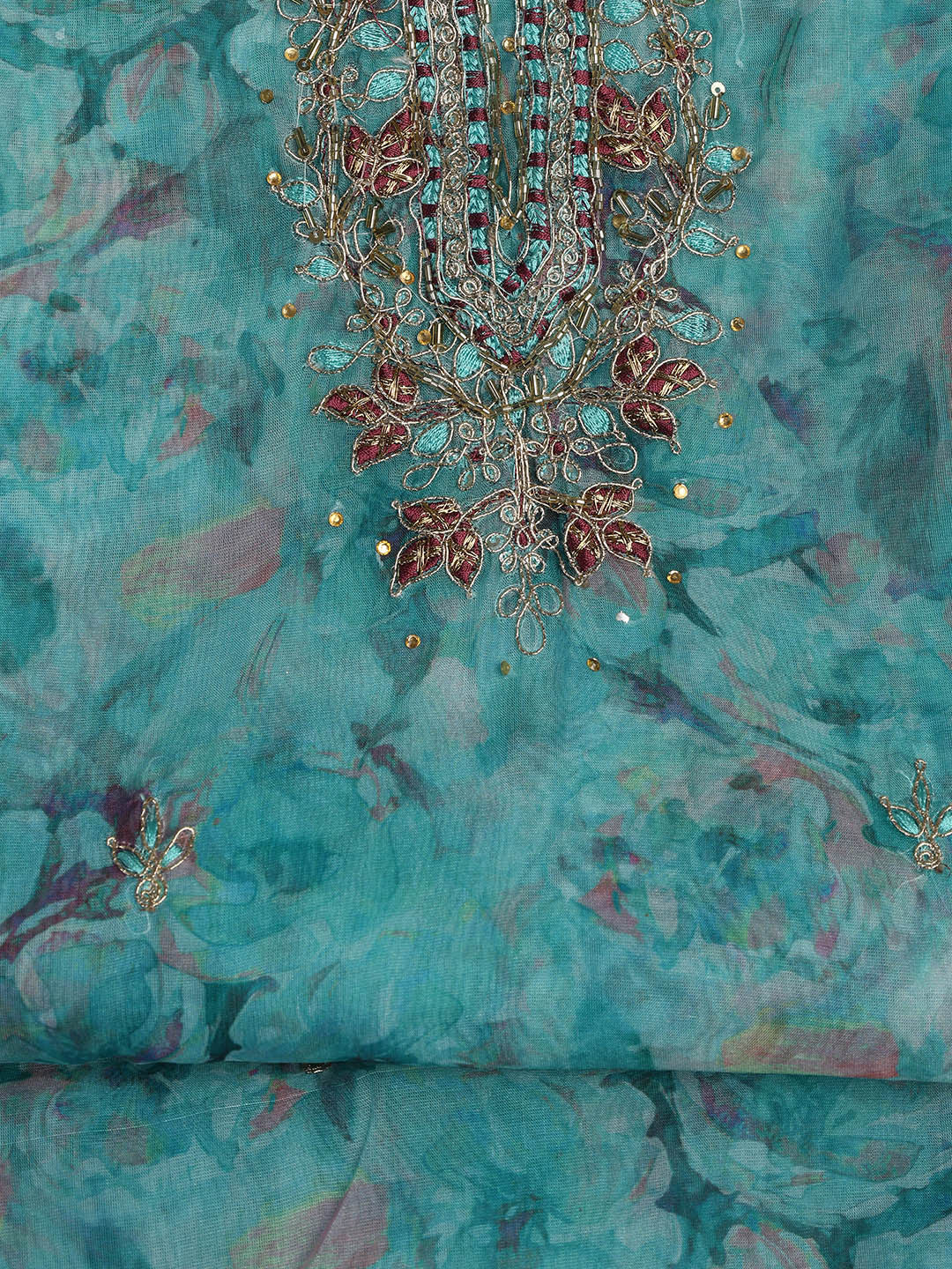 Neck Embroidered Organza Unstitched Suit With Dupatta