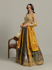Embroidered Banarasi Choli With Lehenga & Dupatta