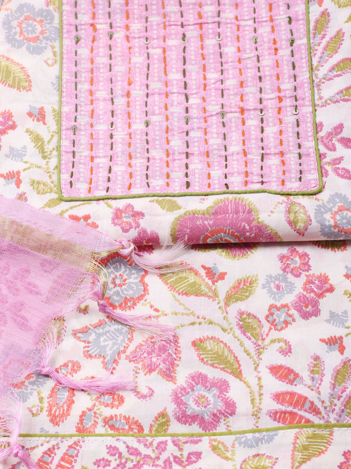 Printed Cotton Blend Unstitched Suit With Pant &amp; Dupatta