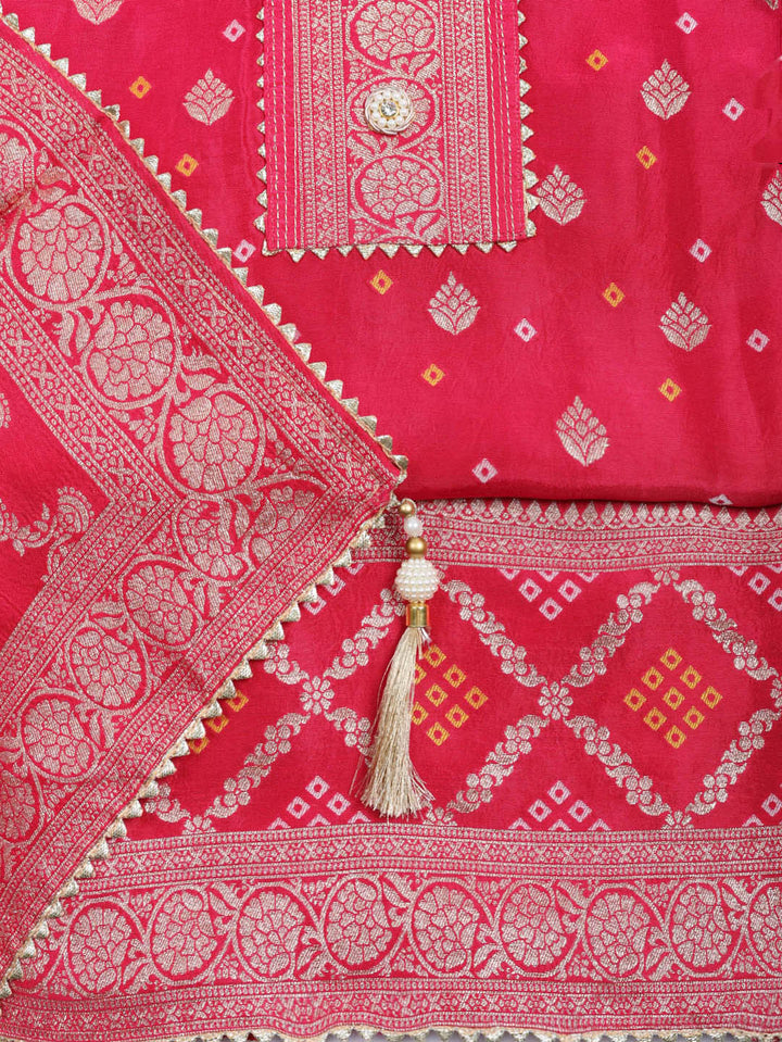 Embroidered Chanderi Unstitched Suit With Pant &amp; Dupatta
