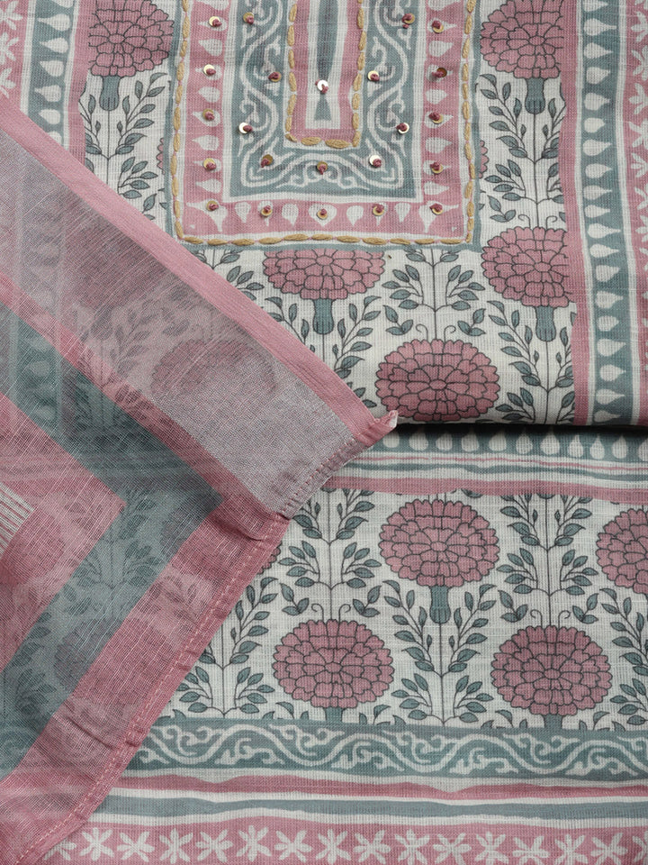 Printed Linen Blend Unstitched Suit With Pant &amp; Dupatta